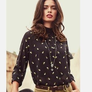 Cabi Alegria Floral Embroidered Smocked Neck Long Sleeve Sheer Blouse,